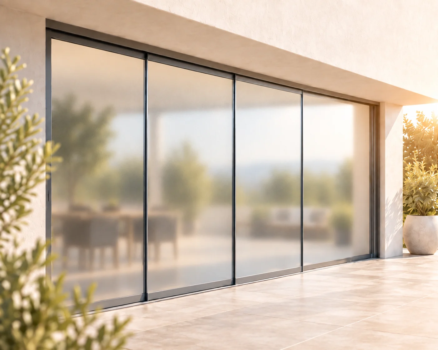 Beispiel einer Glasschiebewand mit satiniertem Milchglas als Sichtschutz