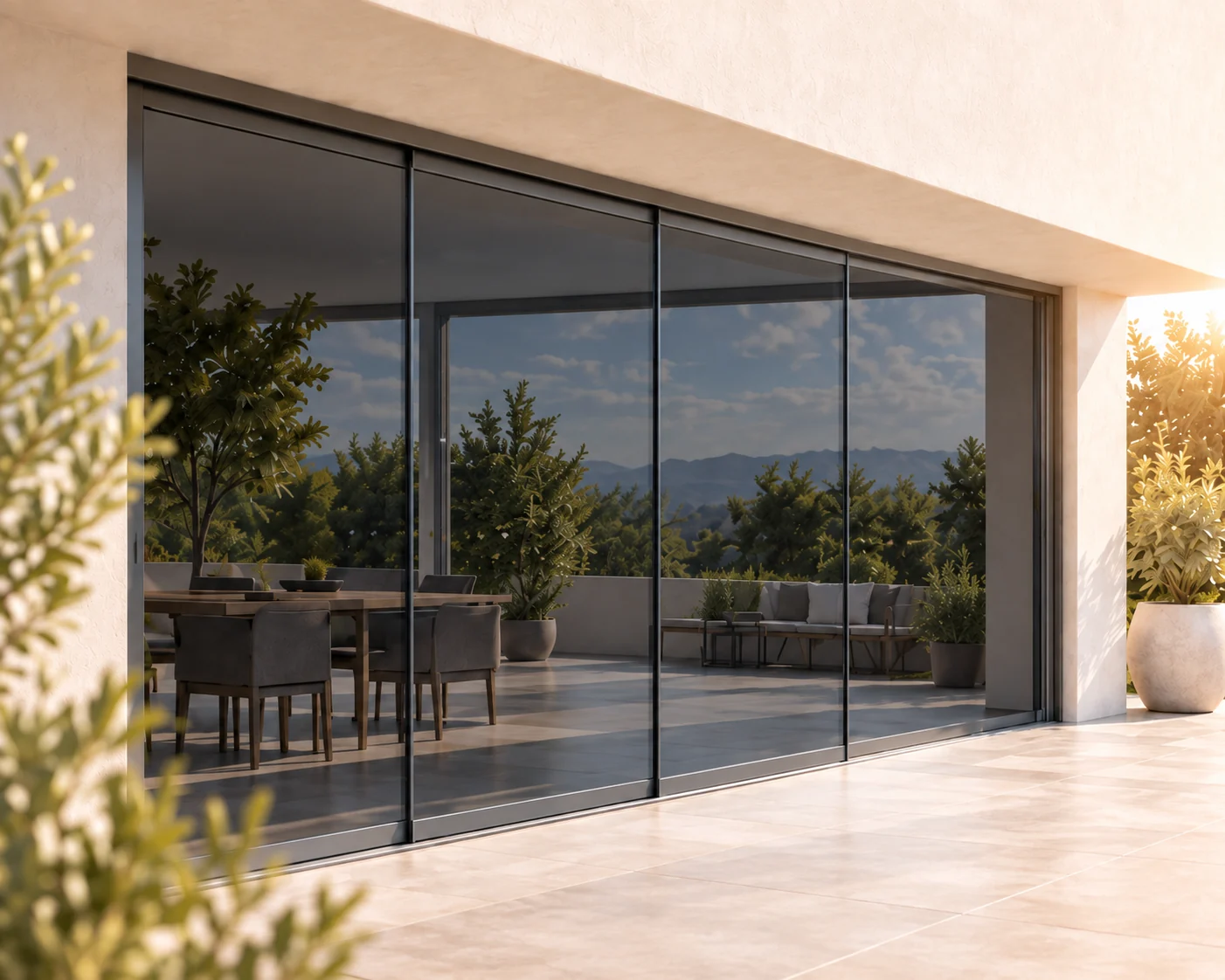 Glasschiebewand mit grau getöntem Glas und anthrazitfarbenem Rahmen