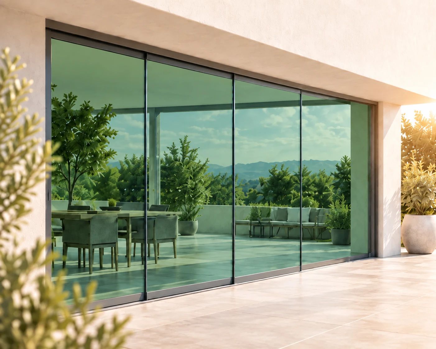 Visualisierung einer Glasschiebewand mit grün getöntem Glas und anthrazitfarbenem Rahmen