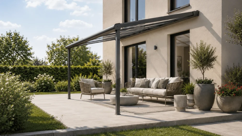 Glasdach und Aluminiumprofile einer Terrassenüberdachung
