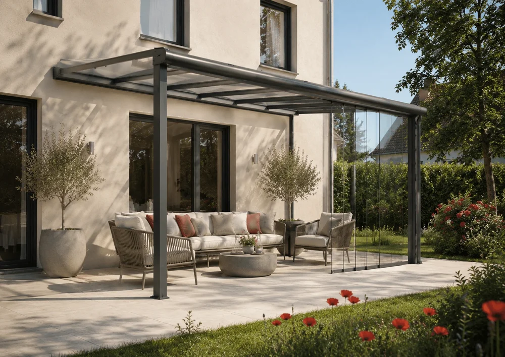 Terrassenüberdachung mit seitlich zusammengeschobenen Glasscheiben