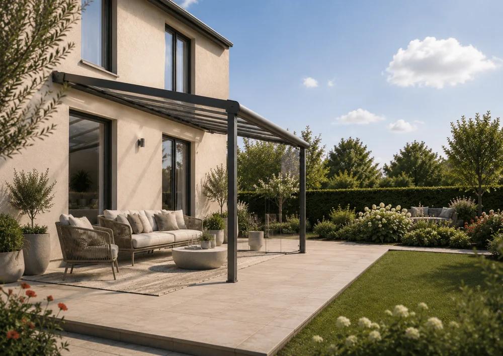 Terrassenüberdachung mit seitlicher Verglasung