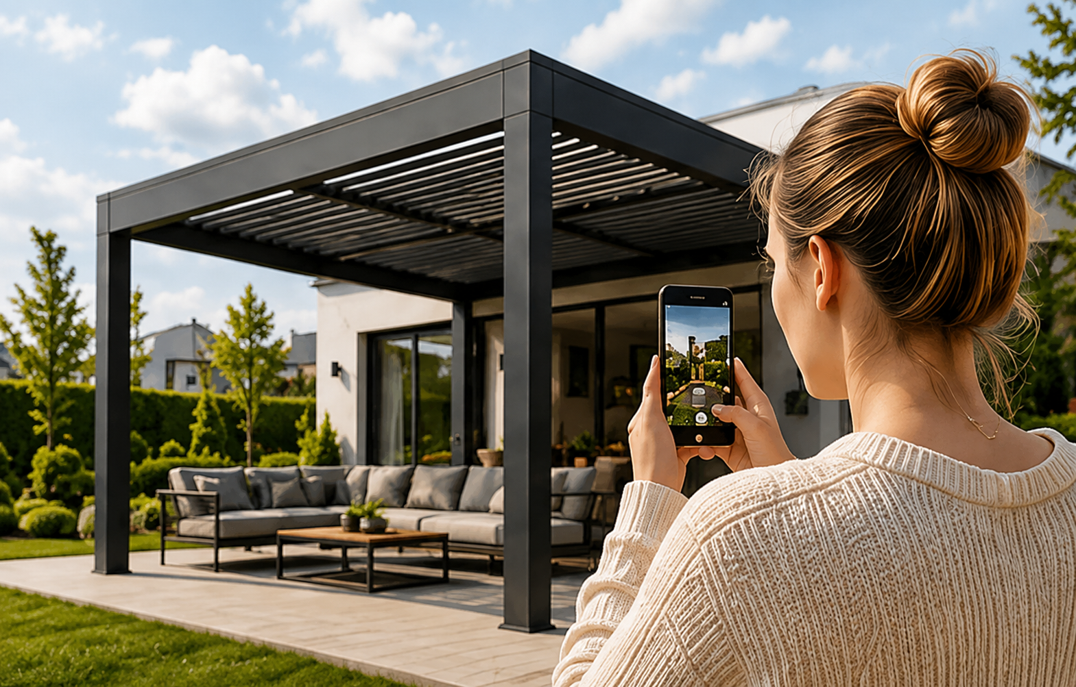 Creatorin erstellt Content an einer Durchdacht Pergola