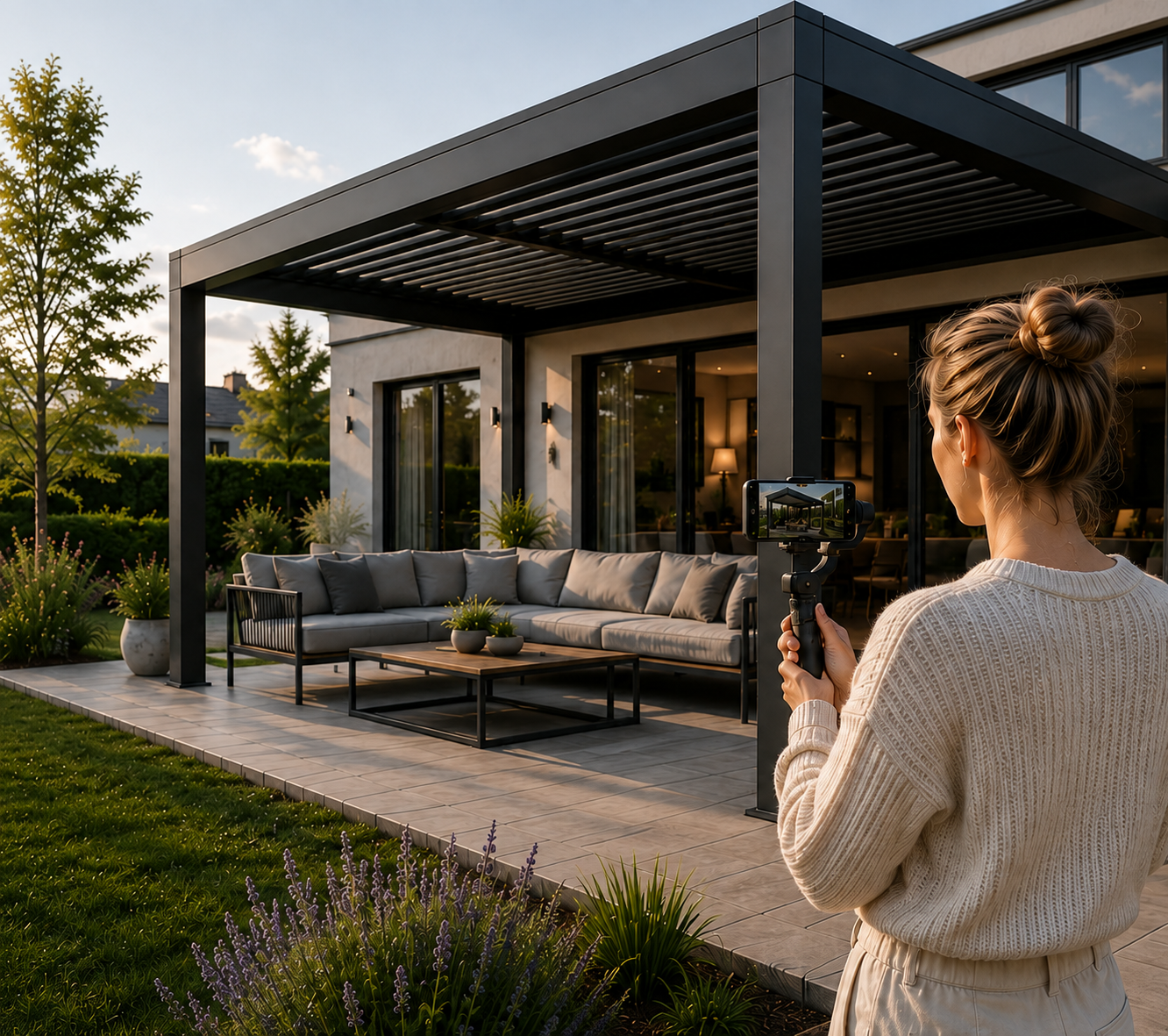 Creatorin filmt eine Durchdacht Pergola