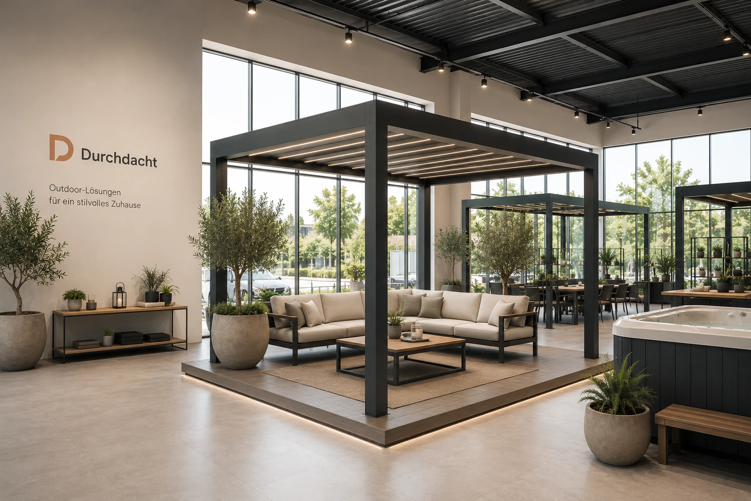 Durchdacht Showroom mit Pergola und Outdoor Living