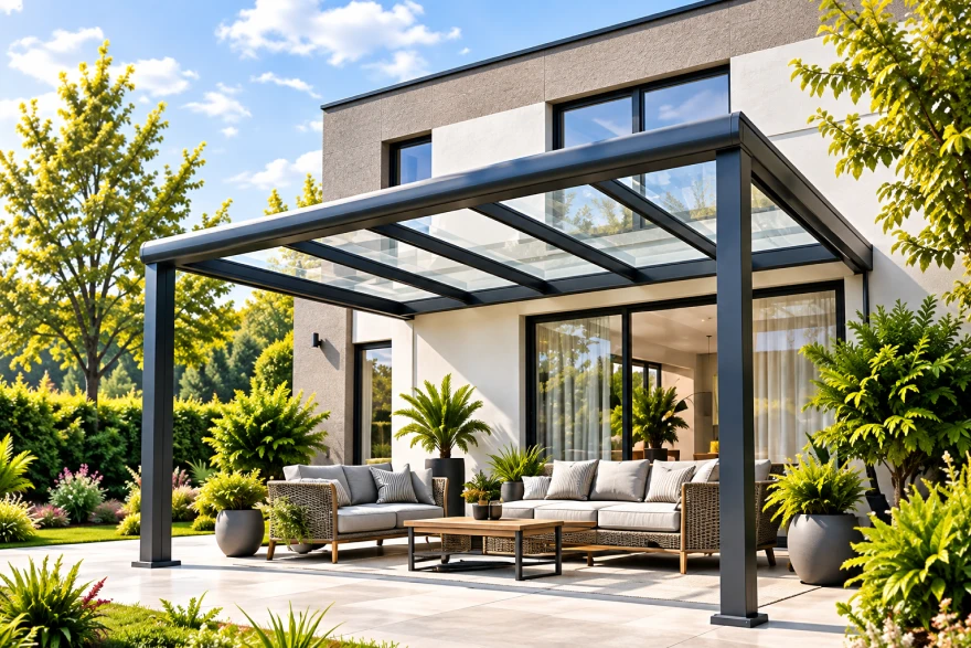 Anthrazitfarbene Terrassenüberdachung