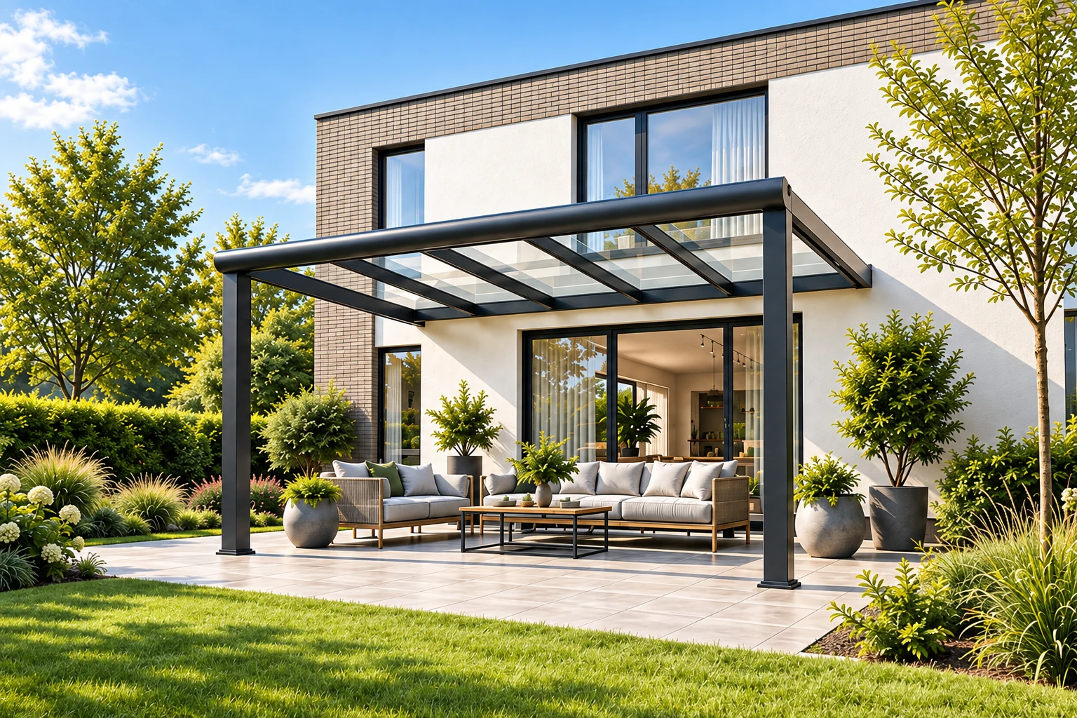 Anthrazitfarbene Terrassenüberdachung an einem modernen Haus