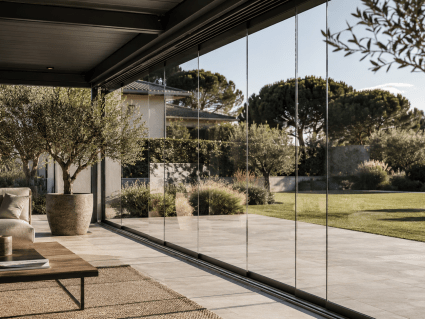 10 mm ESG-Sicherheitsglas bei einer Glasschiebewand für Terrasse und Überdachung