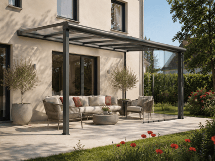 Glasschiebewände für Terrassenüberdachung als Windschutz an einem modernen Einfamilienhaus