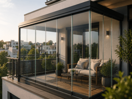Glasschiebewand für Balkon oder Loggia mit Glas-Schiebeelementen als Windschutz und Sichtschutz
