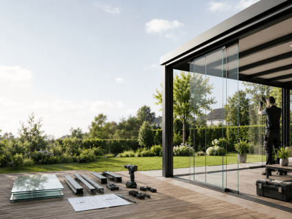 Glasschiebewand als Bausatz oder mit Montage für Terrasse und Terrassenüberdachung