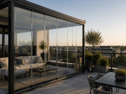 Glasschiebewand für Dachterrasse als Windschutz und Sichtschutz mit Glas-Schiebeelementen