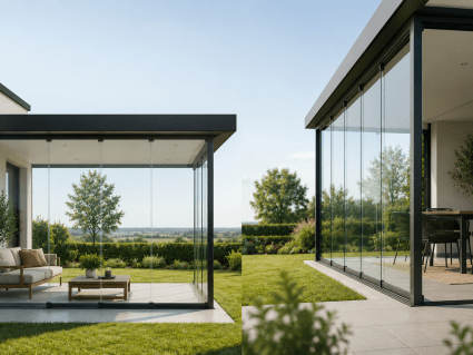 Glasschiebewand Front oder Seite an einer modernen Terrassenüberdachung richtig planen