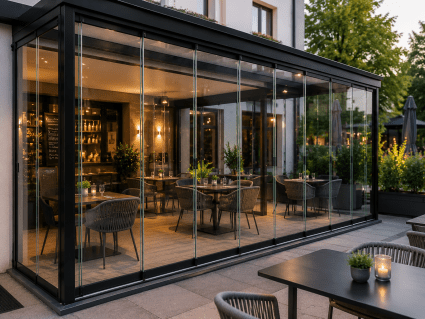 Glasschiebewand für Gastronomie und Gewerbe als Windschutz für Außenbereich