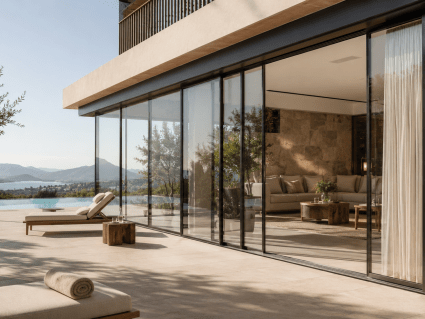 Glasschiebewand für Hotel und SPA Außenbereich mit Windschutz und Privatsphäre
