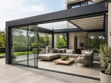 Glasschiebewand Ideen und Beispiele für Terrasse Überdachung und Kalt-Wintergarten