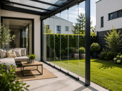 Glasschiebewand für kleine Terrasse mit Sichtschutz und Windschutz auf kompaktem Außenbereich