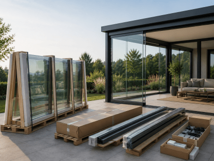Glasschiebewand Lieferung und Verpackung für Terrasse und Terrassenüberdachung vorbereiten