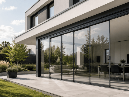 Glasschiebewand für Neubau und moderne Architektur mit klarer Terrasse und Anthrazit-Profilen