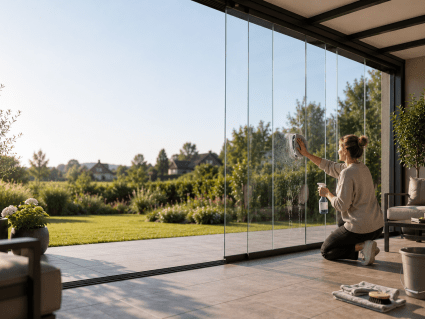 Glasschiebewand Pflege und Reinigung auf einer modernen Terrasse mit 10 mm ESG-Sicherheitsglas