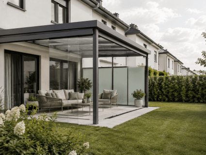 Glasschiebewand für Reihenhaus und Doppelhaus mit Milchglas als Sichtschutz auf der Terrasse