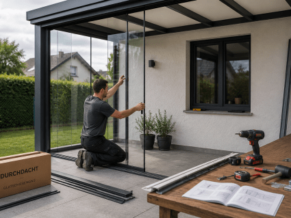 Glasschiebewand selbst montieren unter einer Terrassenüberdachung mit 10 mm ESG-Sicherheitsglas