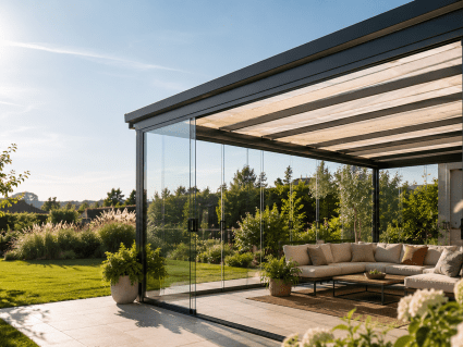 Glasschiebewand für Südterrasse mit Sonnenschutz Windschutz und Sichtschutz planen