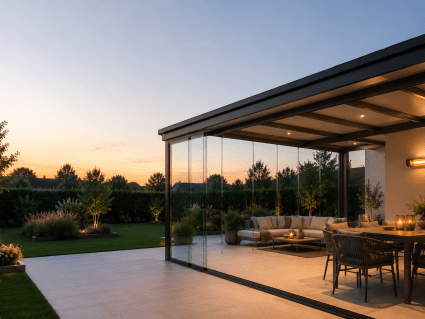 Glasschiebewand und Terrassenheizstrahler für mehr Komfort an kühlen Abenden auf der Terrasse