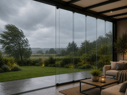 Glasschiebewand bei Wind und Regen als Schutz für Terrasse und Terrassenüberdachung