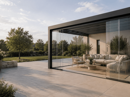 Glasschiebewand Zubehör mit U-Profilen Zugluftstoppern und Türgriffen für Terrasse
