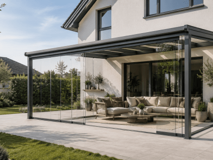 Kalt-Wintergarten nachrüsten mit Glasschiebewänden unter einer Terrassenüberdachung