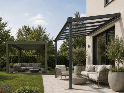 Alt-Text: Klassische Terrassenüberdachung und Lamellendach-Pergola im Vergleich an einem modernen Einfamilienhaus