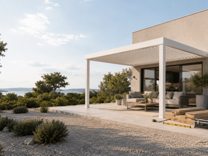 AirCube Lamellendach-Pergola Montage als Bausatz oder mit Montage-Service auf moderner Terrasse