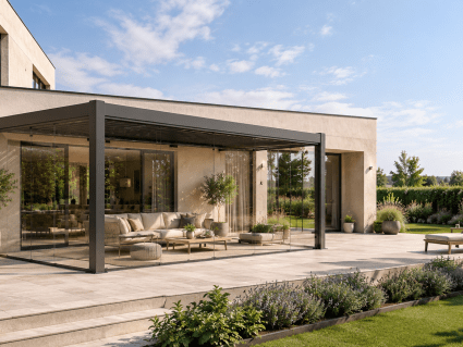 Lamellendach-Pergola mit Glasschiebewänden als Windschutz und Wetterschutz für moderne Terrasse
