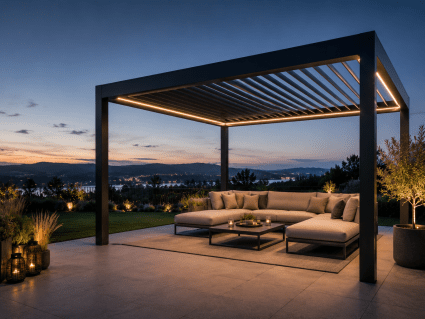 Lamellendach-Pergola mit LED Beleuchtung in Warmweiß oder Kaltweiß auf moderner Terrasse