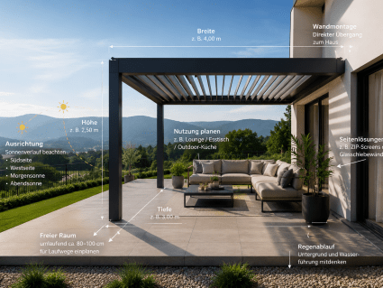 Lamellendach-Pergola planen mit Maßen Standort Ausrichtung und AirCube Pergola im Garten