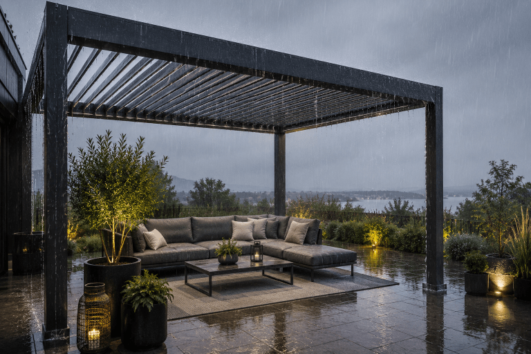 Lamellendach-Pergola bei Regen: Wie funktioniert der Wetterschutz?