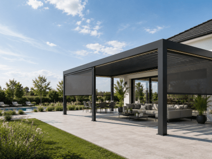 Lamellendach-Pergola mit ZIP-Screens als seitlicher Sonnenschutz Sichtschutz und Windschutz