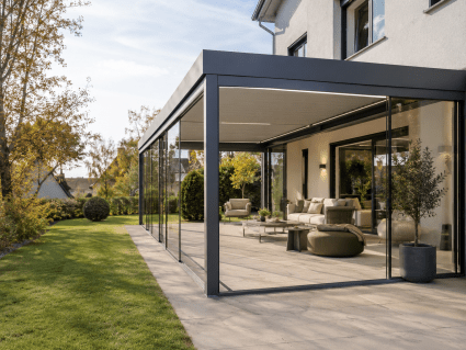 Terrasse länger nutzen mit Glasschiebewänden im Frühling und Herbst