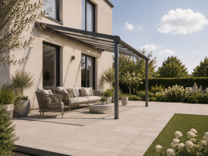 Terrassenüberdachung mit Glas oder Polycarbonat Dacheindeckung an einem modernen Einfamilienhaus