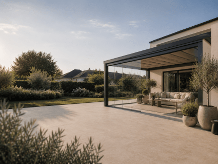 Terrassenüberdachung mit Glasschiebewand und Sonnenschutz für mehr Komfort bei Sonne Wind und Wetter