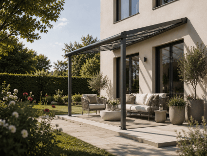 Terrassenüberdachung nach Himmelsrichtung planen mit Sonne und Schatten auf einer modernen Terrasse