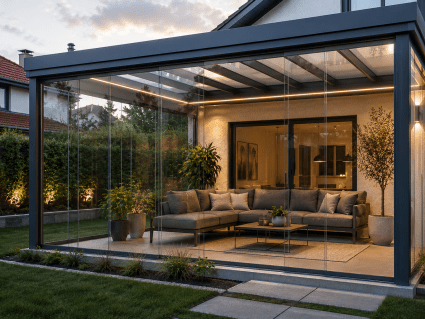 Terrassenüberdachung mit Glasschiebewand aus 10 mm ESG für geschützte Terrasse