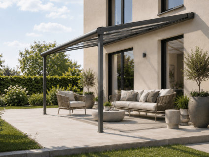 Gepflegte Terrassenüberdachung mit Glasdach und Aluminium-Konstruktion an einem modernen Einfamilienhaus