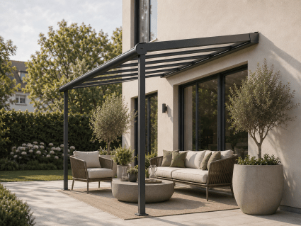 Klassische Terrassenüberdachung zur Wandmontage in Anthrazit an einem Einfamilienhaus mit heller Terrasse