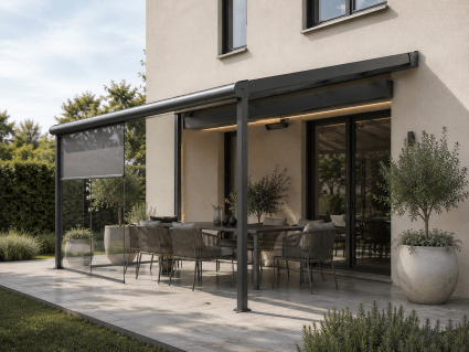 Terrassenüberdachung Zubehör mit Glasschiebewänden und Seitenkeil an einem Einfamilienhaus