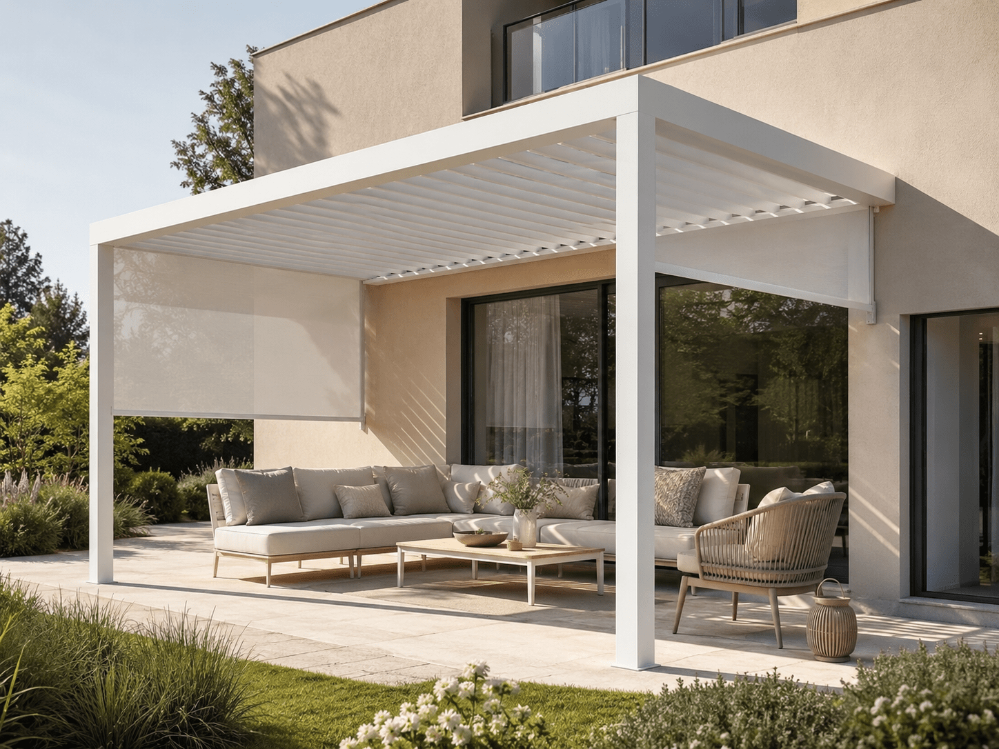 AirCube Plus Wandmontage in Weiß an modernem Wohnhaus mit stilvoller Terrasseneinrichtung