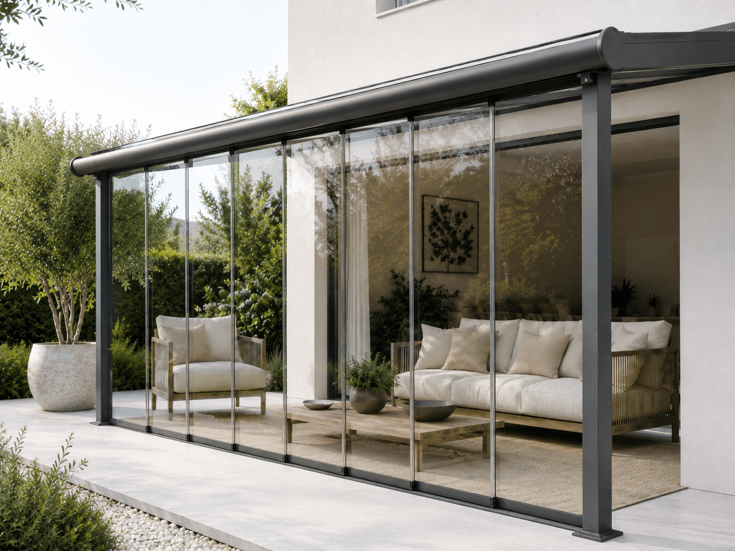 Glasschiebewände 6-spurig in Matt Anthrazit mit Klarglas unter Terrassenüberdachung