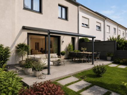 Terrassenüberdachung für kleinen Garten und Reihenhaus mit heller Terrasse