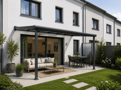 Terrassenüberdachung am Reihenhaus mit Sichtschutz, Licht und kleinem Garten